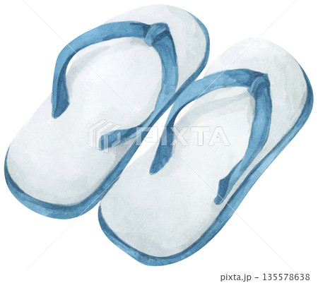 Watercolor Flip-Flops, Summer Slippers Sandals, Beachwear Footwear Fashion, Cute Shoes Pair, Tropical Weather Sea Vacation Outdoor Walk. 135578638