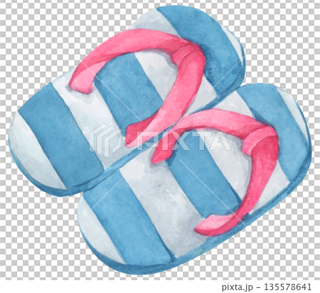 Watercolor Flip-Flops, Summer Slippers Sandals, Beachwear Footwear Fashion, Cute Shoes Pair, Tropical Weather Sea Vacation Outdoor Walk. 135578641