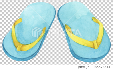 Watercolor Flip-Flops, Summer Slippers Sandals, Beachwear Footwear Fashion, Cute Shoes Pair, Tropical Weather Sea Vacation Outdoor Walk. 135578643