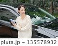 車の前でスマホを操作する女性 135578932