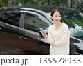 車の前でスマホを操作する女性 135578933