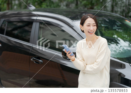 車の前でスマホを操作する女性 135578933