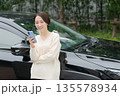 車の前でスマホを操作する女性 135578934