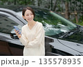 車の前でスマホを操作する女性 135578935