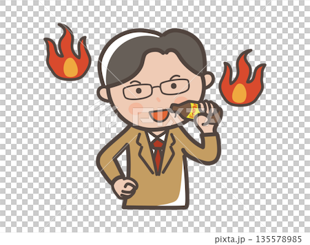 中年男性商務人士上半身的插圖，他正在喝一種能讓他精神振奮的營養飲料。 135578985