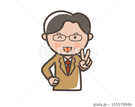 笑顔でピースをする眼鏡をかけた中高年男性ビジネスマンの上半身イラスト 135578986