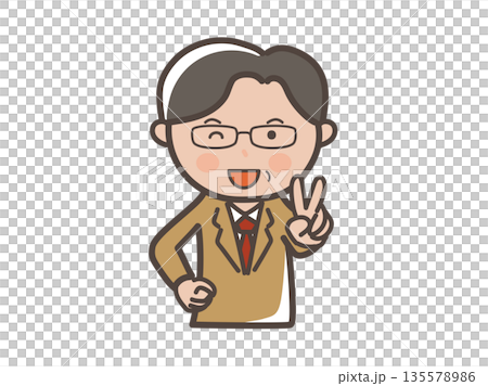 笑顔でピースをする眼鏡をかけた中高年男性ビジネスマンの上半身イラスト 135578986