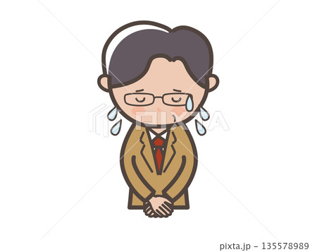 大汗をかいて謝罪する眼鏡をかけた中高年男性ビジネスマンの上半身イラスト 135578989