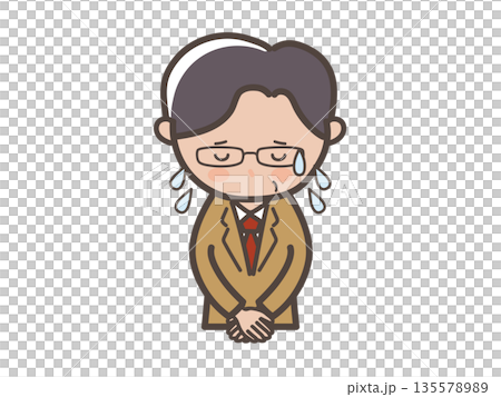 大汗をかいて謝罪する眼鏡をかけた中高年男性ビジネスマンの上半身イラスト 135578989