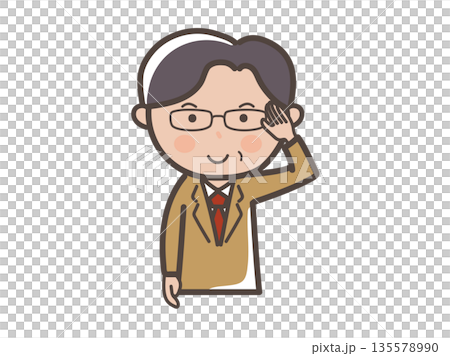 一位戴眼鏡的中年男性商務人士的上半身插圖，他擺出理解的姿勢 135578990