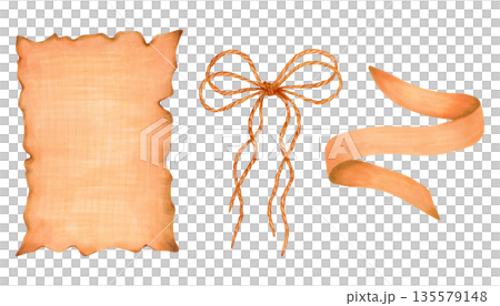 Text box, jute rope bow and curved ribbon. Watercolor set of decorative elements in brown tones. Hand drawn, isolated art. For gift wrapping, packaging, branding, invitations, and decorative design 135579148