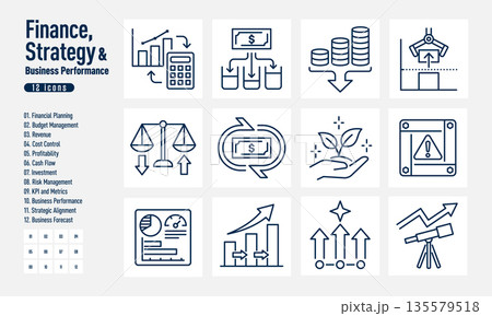 ファイナンス・戦略・事業パフォーマンスのビジネスアイコンセット（12個） 135579518