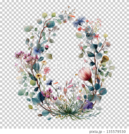 Floral wreath botanical illustration wildflower circle watercolor style spring foliage pastel color garden design nature frame 135579530
