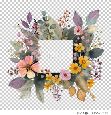 Floral frame watercolor flower botanical wreath pastel leaf square border spring blossom wedding invitation floral decoration 135579536