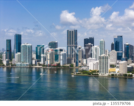 Aerial view of Brickell skyscrapers. Modern cityscape of downtown Miami. Panoramic Miami skyline above the coastline. 135579706