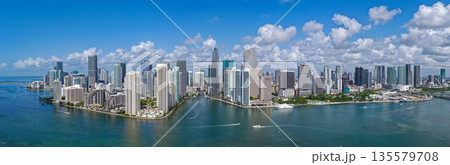 Panorama of Brickell in Miami. Panorama of Miami skyline on a sunny day. Panorama view of Miami Beach and Brickell. Brickell famous panorama. Miami downtown landscape. 135579708