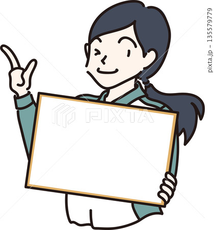 フレームを持った女性のイラスト2　緑色の制服 135579779