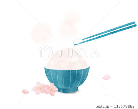 青い茶碗に盛られたごはんと箸、桜の添え物・水彩イラスト・和食・清潔感・白背景 135579868