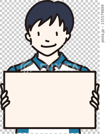 圖:一名身穿藍色制服的男子手持畫框 圖:一名身穿藍色制服的男子手持畫框 135579889