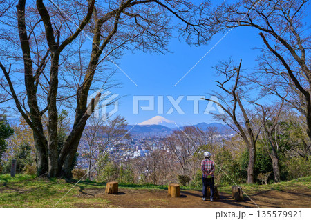 春の神奈川県秦野市の浅間山山頂から西側の眺望(秦野市街,富士山など) 135579921