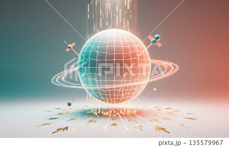 Sphere of Radiant Renewal - Minimalist spherical void infused with gradients of coral and aqua, holographic line charts orbit like 135579967