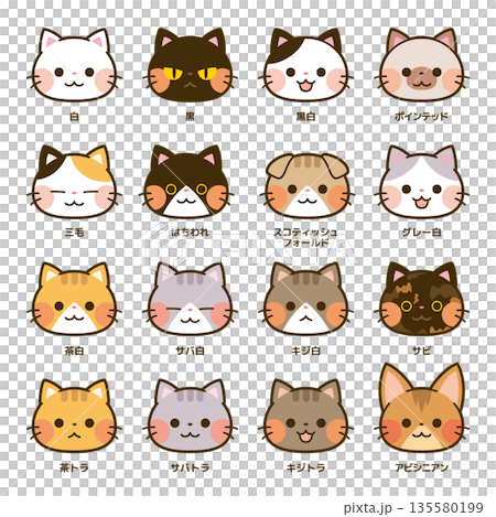 Set of cat face illustrations with various patterns 135580199