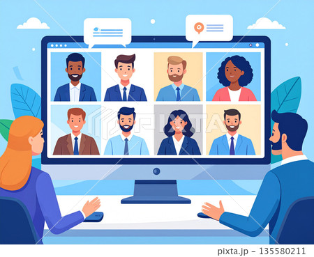 リモートワークでオンラインミーティングをするビジネスパーソンのイラスト 135580211