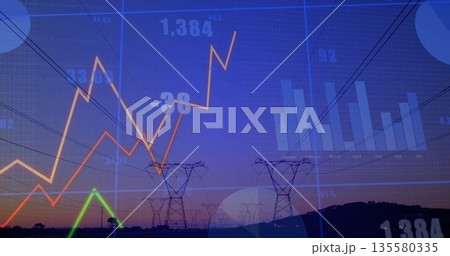 Stretching high-voltage towers across rural horizon at dusk, displaying line charts and bar charts Stretching high-voltage towers across rural horizon at dusk, displaying line charts and bar charts 135580335