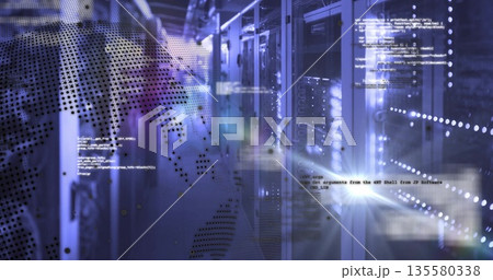 Showing rack-mounted servers blinking LED lights in data center, with world map overlay, copy space Showing rack-mounted servers blinking LED lights in data center, with world map overlay, copy space 135580338