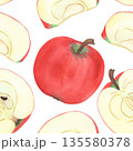 Illustration of an apple, slice, and half, hand-drawn watercolor fruit seamless pattern. Ripe realistic seasonal fruit. 135580378