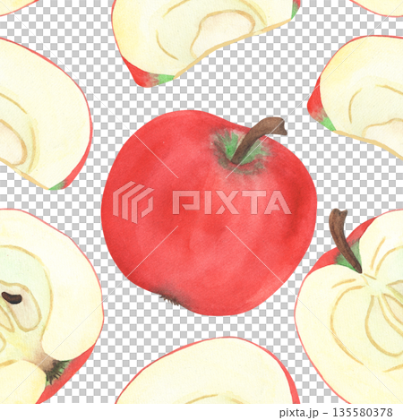 Illustration of an apple, slice, and half, hand-drawn watercolor fruit seamless pattern. Ripe realistic seasonal fruit. Illustration of an apple, slice, and half, hand-drawn watercolor fruit seamless pattern. Ripe realistic seasonal fruit. 135580378