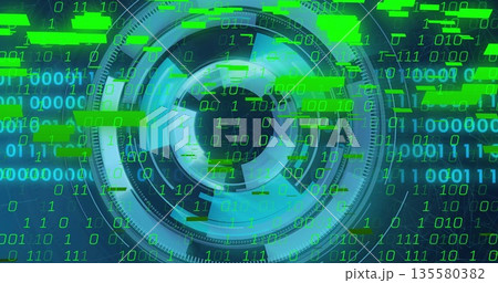 Displaying central circular scanning interface on network dashboard, with green binary digits 135580382