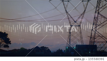 Framing transmission towers carrying power cables against dusk skyline, with data bars, copy space 135580391