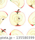 Illustration of an apple, slice, and half, hand-drawn watercolor fruit seamless pattern. Ripe realistic seasonal fruit. 135580399
