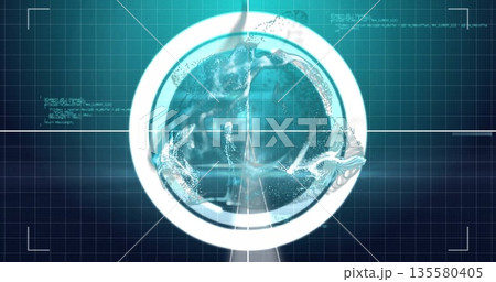 Displaying stylized digital globe rotating in virtual HUD, with crosshair lines and code symbols Displaying stylized digital globe rotating in virtual HUD, with crosshair lines and code symbols 135580405