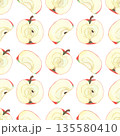Illustration of an apple, slice, and half, hand-drawn watercolor fruit seamless pattern. Ripe realistic seasonal fruit. 135580410