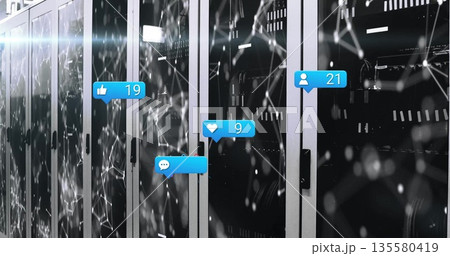 Displaying server rack cabinets showing blinking LEDs in data center aisle, with notification icons 135580419