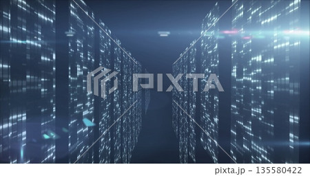 Displaying data panels lining virtual corridor, with glowing matrix dots and lens flares Displaying data panels lining virtual corridor, with glowing matrix dots and lens flares 135580422
