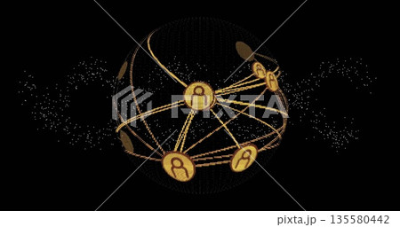 Floating golden 3D globe in dark digital void, showing glowing data points and user-icon nodes 135580442