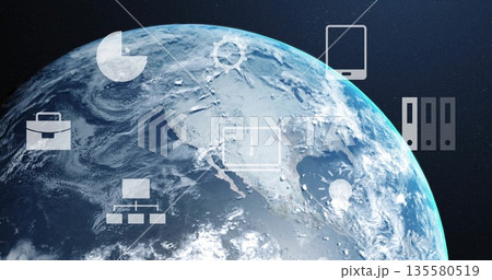 Showing Earth in orbit, with floating graphic icons representing data business tech and idea themes 135580519