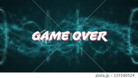 Displaying stylized GAME OVER text floating over digital backdrop, with waveforms and data streams Displaying stylized GAME OVER text floating over digital backdrop, with waveforms and data streams 135580524