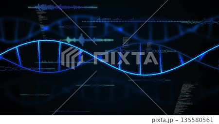 Showing glowing blue DNA helix in tech interface, featuring waveforms, code snippets, data overlays Showing glowing blue DNA helix in tech interface, featuring waveforms, code snippets, data overlays 135580561