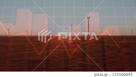 Displaying wind turbines spanning grassland at dusk with bar chart, red line and white grid overlay Displaying wind turbines spanning grassland at dusk with bar chart, red line and white grid overlay 135580643