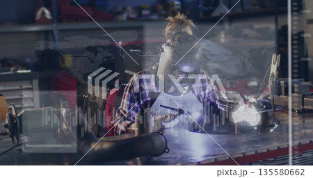 Sparks flying while female metalworker welding metal pipe at metal workshop, with digital overlays Sparks flying while female metalworker welding metal pipe at metal workshop, with digital overlays 135580662