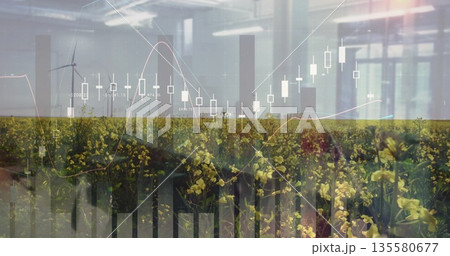 Merging yellow field with candlestick chart overlays on office interior, featuring wind turbine 135580677