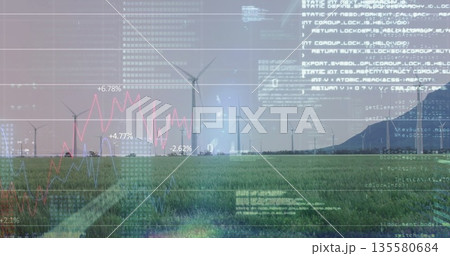 Displaying wind turbines generating power on plain at rural site, with overlaid analytics data 135580684