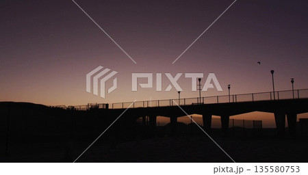 Featuring minimalistic coastal pier spanning beach at dusk, with columns, railing, lamps and birds Featuring minimalistic coastal pier spanning beach at dusk, with columns, railing, lamps and birds 135580753