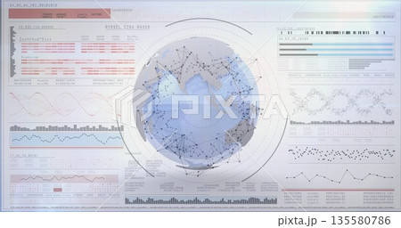 Displaying central Earth globe on virtual console, with nodes, connecting lines and data panels 135580786