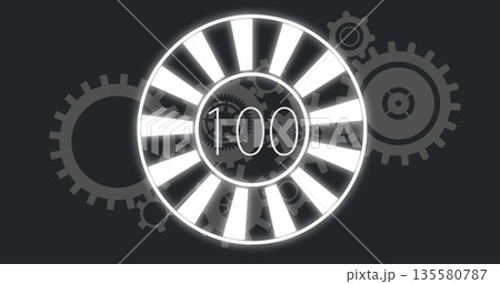 Displaying circular progress meter showing 100 on digital graphic with gear and cog silhouettes 135580787