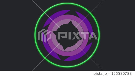 Displaying neon green ring encircling purple arcs with triangular cutouts on grey backdrop 135580788
